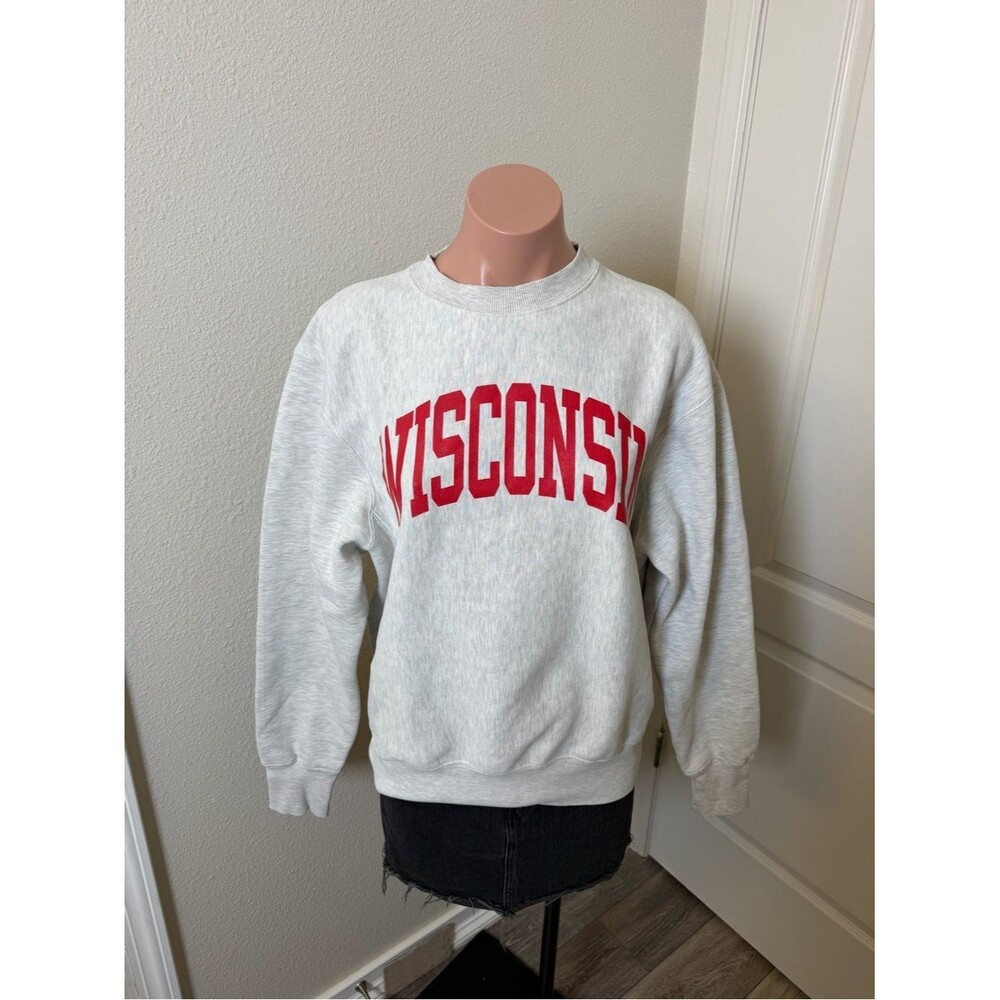 Wisconsin Arch Logo Crewneck Sweatshirt - Gray with Red Lettering Sz S